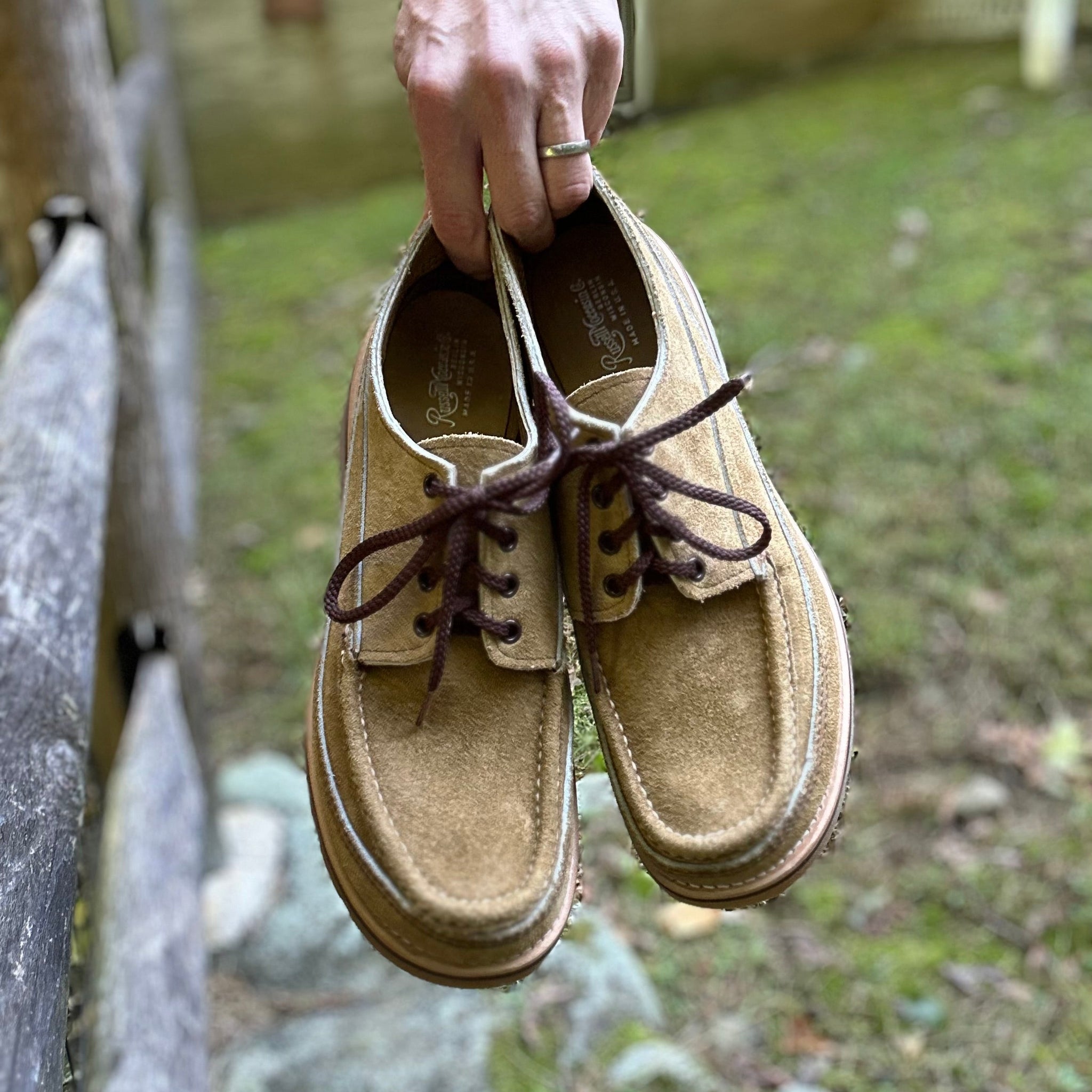 Russell Moccasin x Stitchdown Fishing Oxford—Horween Tan Laramie Suede